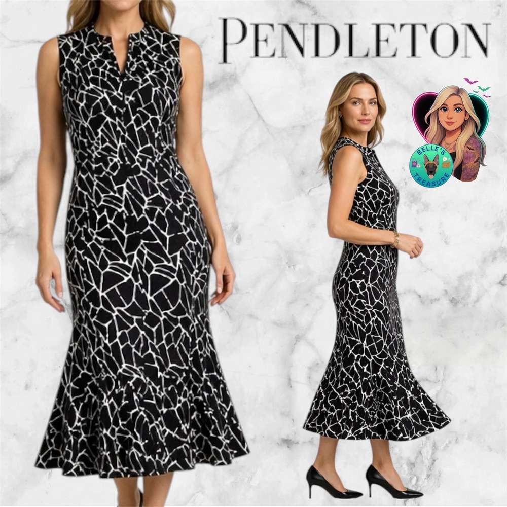 Pendleton Womens 8 Silk Mosaic Print Sleeveless Mermaid Midi Dress Black‎ White